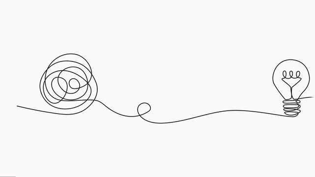 Animated self drawing of unraveling to glowing light bulb animation continuous one line drawing, tangled and scribble wires with light bulbs. Concept of complex problem solving process.