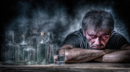 Obraz premium Man with disheveled hair and red eyes leans on a wooden table, surrounded by empty glass bottles and a glass of water, in a dimly lit environment conveying themes of alcohol addiction and despair