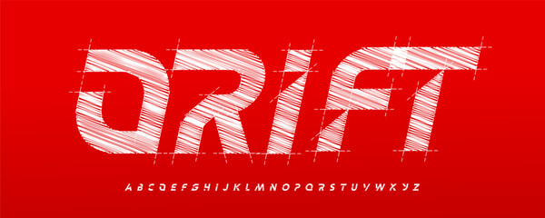Drift lettering, stylized alphabet set, speed emotion, motion energy. Racing branding, poster, apparel, gaming, automotive identity. Grunge futuristic display typography. Vector illustration © artyway