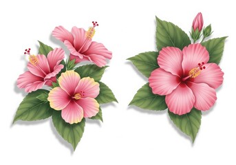 Obraz premium Elegant pink hibiscus flowers with lush green leaves in a serene arrangement
