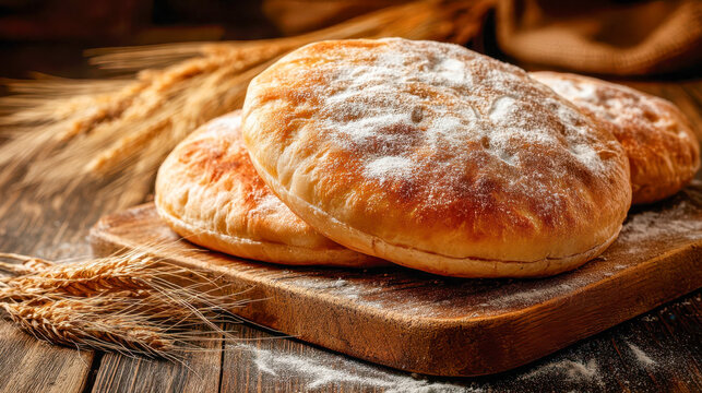 Round Moroccan khobz bread on a wooden board with some wheat stalks nearby