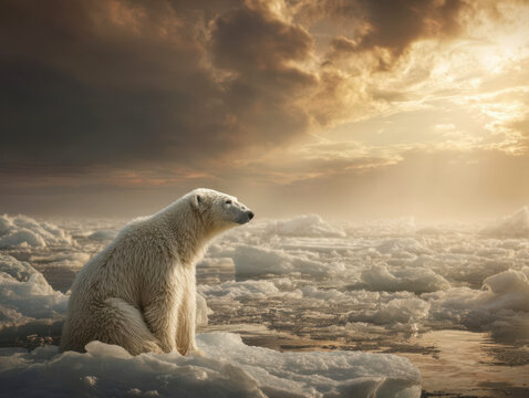 Polar bear observes surroundings while sitting on ice in cold Arctic landscape during sunset