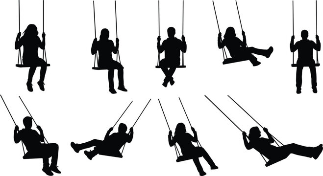 Black Silhouette Vector Set of People Sitting and Swinging on Swing Set Isolated on White Background for Minimalist Graphic Design and Outdoor Activity Illustrations