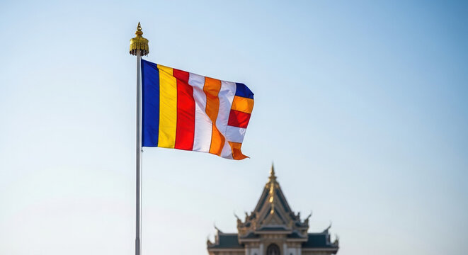 Buddhist flag waving in the wind at temple under clear sky  