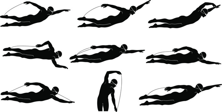 Collection of Black Vector Silhouettes Featuring Male Swimmers Performing Front Crawl and Freestyle Strokes During Professional Swim Training Sessions Isolated on a White Background