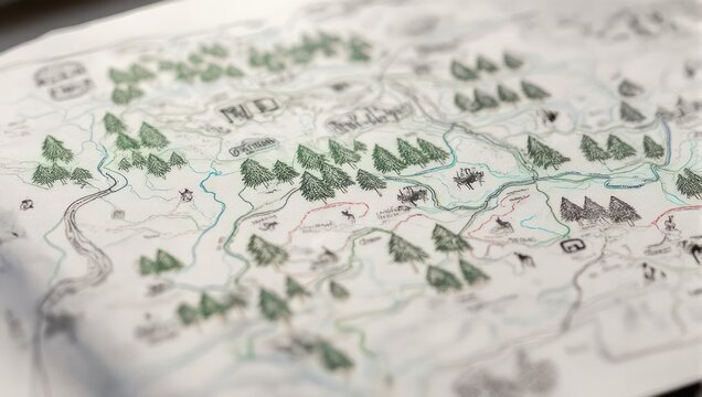 Hand-drawn fantasy map with trees and rivers.
