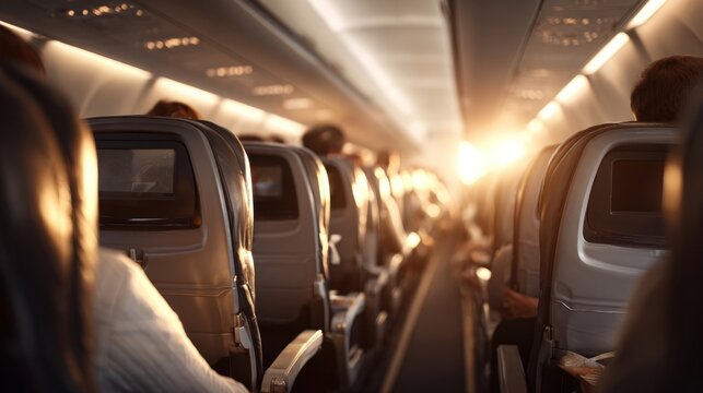 Sunlit airplane cabin seats