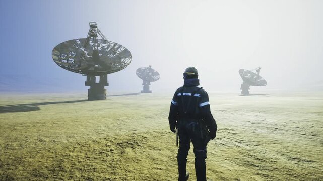 Research scientist collecting environmental readings near dish array with portable sensors and handheld tablet, clinical focus, windswept ground and crisp