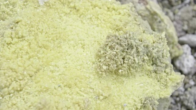 Close up view of the sulfur on the volcano of Mendeleev on Kunashir island. Russia