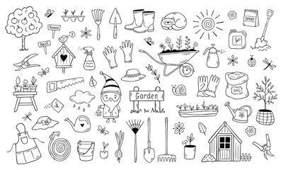 Cute hand drawn garden doodle set with tools, plants, gnome and nature elements. Outline vector collection for gardening, farming and spring design isolated on white background. © TatiaPro