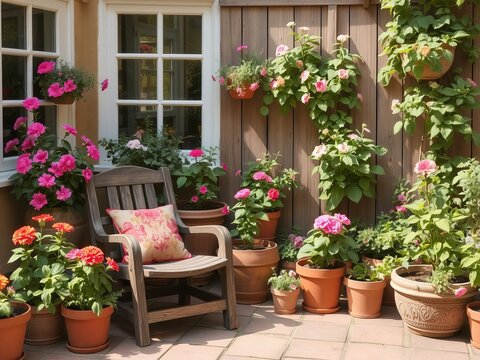 flowers in pots on the porch