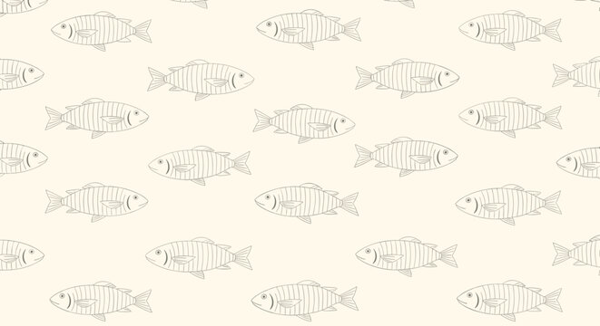Subtle seamless nautical pattern featuring simple sketched outlines of fish in a regular repeat on a warm light cream background texture.