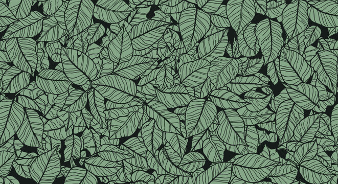 Dense seamless botanical pattern featuring a thick layering of detailed green leaves with prominent veins against a dark black background.