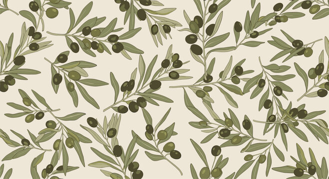 Seamless pattern with hand drawn green olive branches and black olives on a light background for textile or wallpaper design.