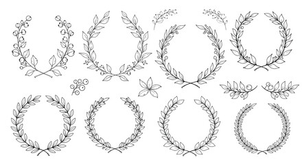Obraz premium Extensive collection of delicate black and white hand-drawn floral and leaf wreaths, frames, and branches for elegant decorative projects.