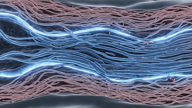 The tendon transitioning from inflamed to strengthened state. Medication particles move through the ECM, reducing chemical irritation and enhancing collagen organization