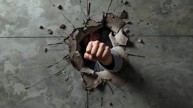 Dynamic action moment of person breaking wall with strength and realistic textures