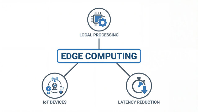 Edge computing technology concept diagram illustrating local processing IoT device connectivity and latency reduction for distributed network architecture smart infrastructure and real time data
