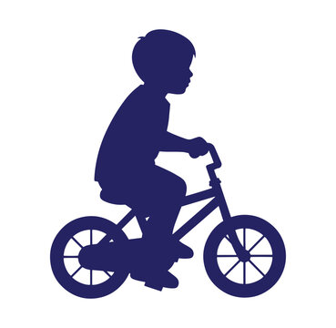 Silhouette of a young boy riding a bicycle on a white background