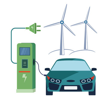 Electric car charging from wind energy concept, renewable green transport vector illustration