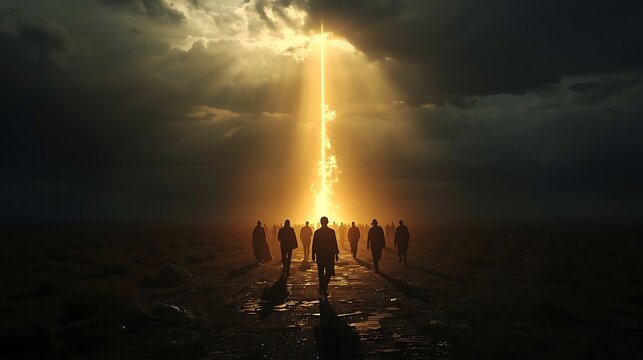 Epic Scene of Light Path and Figures Walking into Shadows