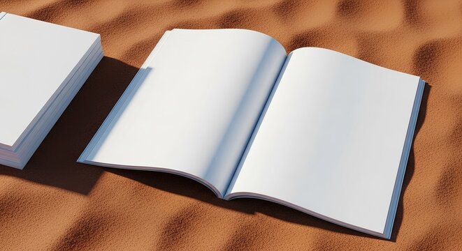 Blank open magazine mockup featuring pristine white pages resting upon textured desert sand dunes