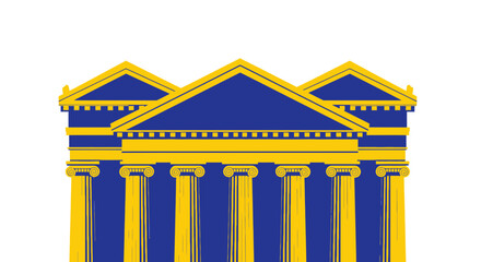 Classical Greek Temple Facade with Columns, Blue and Yellow, Isolated © hana