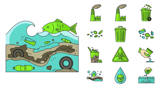 Environmental pollution: oil spill, plastic waste, dead fish, and industrial waste icons.