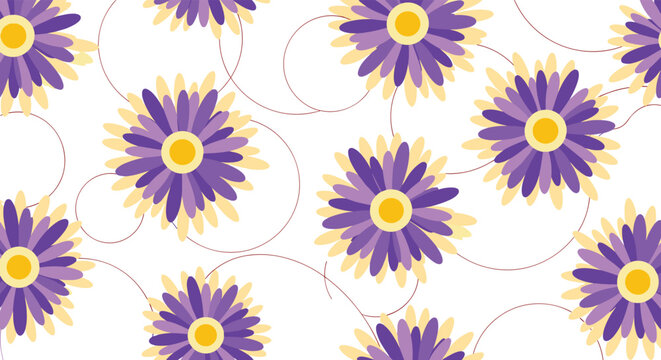 Charming seamless pattern featuring large purple and yellow daisies with swirling dotted lines on a white background.