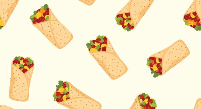 Seamless vector pattern featuring various types of mexican burritos and wraps with vegetables and meat on a light cream background.