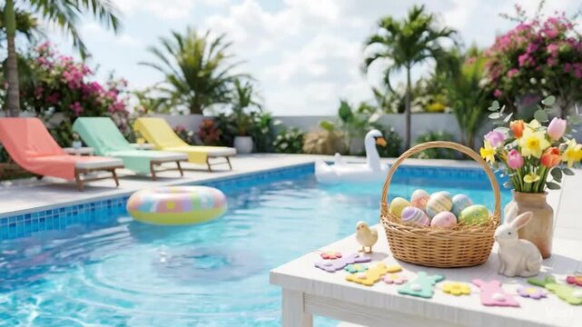 Easter basket filled with colorful painted eggs and bunny on wooden poolside table. Tropical backyard pool area with lounge chairs palms flowers swan floatie and inflatable ring. Spring holiday