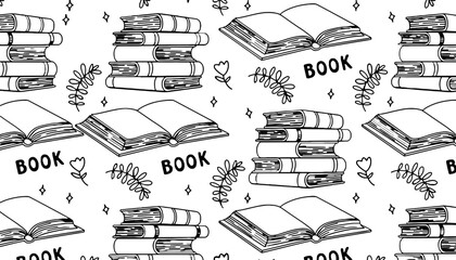 Obraz premium A book illustration pattern with stacks of books and flowers