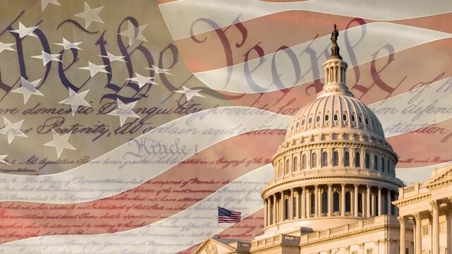 Flag Waving over US Capitol with Constitution Text Overlay