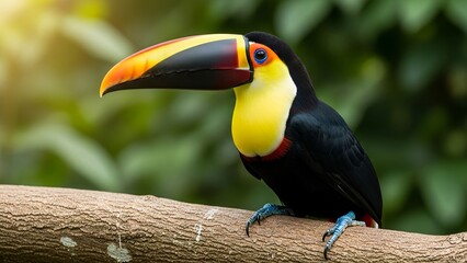 Naklejka premium A stunning vibrant keel-billed toucan with a magnificent colorful beak and bright blue eyes perched gracefully on a textured tree branch