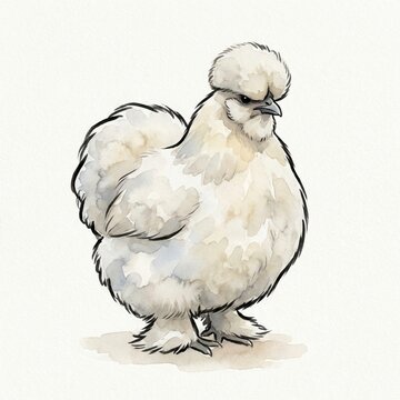 Soft white Silkie portrait with cloudlike plumage and gentle watercolor edges, an elegant art piece for collections featuring paintings of chickens, heritage poultry beauty, and farmhouse charm