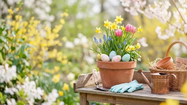 Colorful easter eggs nestled among spring flowers in terracotta pot. Gardening tools and blooming tulips daffodils hyacinths on wooden bench. Easter seasonal decoration and nature renewal concept