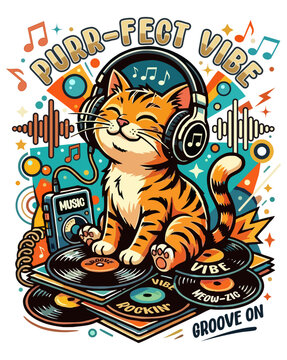 Purr-Fect Vibe: Happy Cat Listening To Music With Headphones On Vinyl Records