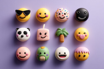 Obraz premium A collection of colorful emojis and smiley faces on transparent background
