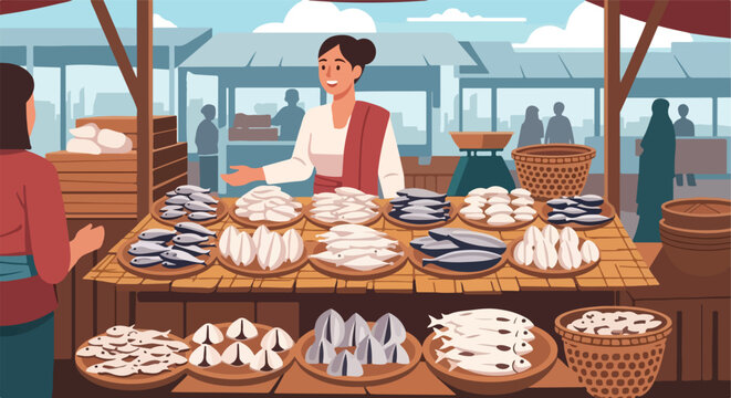 A fishmonger selling fresh catches at an outdoor market stall with customers