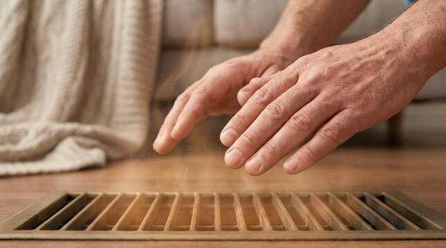 Hands hovering near heat vent on wooden floor in cozy living room  