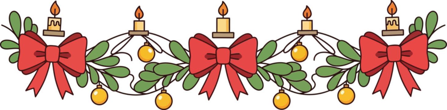 Christmas Garland with Candles and Bows, Festive Holiday Border Decoration Vector Illustration