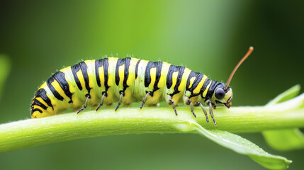 Fototapeta premium Vibrant macro photo of caterpillar resting green stem, showcasing its striking yellow and black stripes. image captures