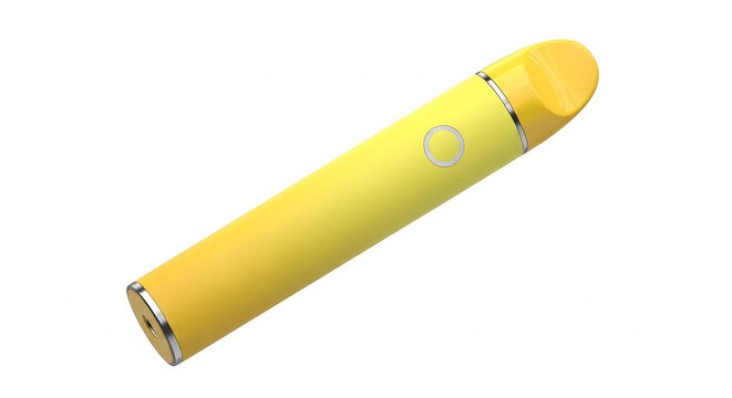 Single yellow disposable electronic cigarette isolated on white background for vaping industry marketing