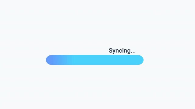 Animated syncing progress bar with blue gradient on clean background, showing data synchronization process. Ideal for apps, dashboards, and digital systems.