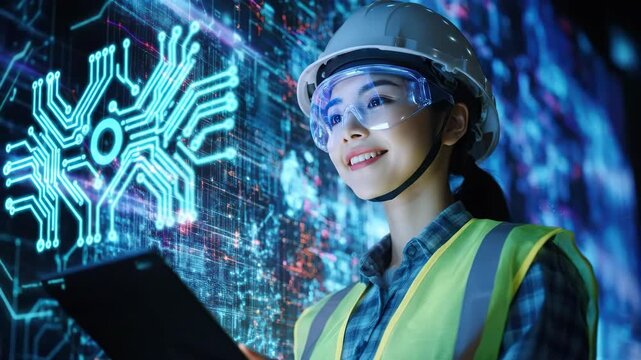 asian female engineer in hard hat and safety goggles analyzing glowing digital data on futuristic screen. industrial technology, cybersecurity concept. corporate presentation, tech background.