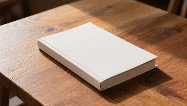 Blank White Book Cover on Rustic Wooden Table