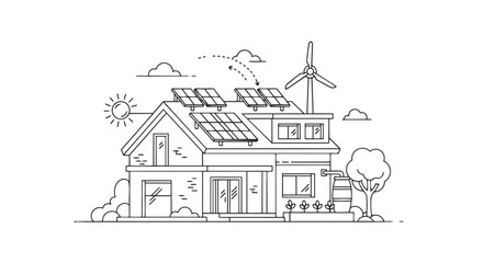 Fototapeta premium Eco friendly house, solar panels, wind turbine, sustainable home, green energy