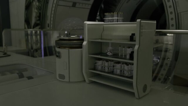 Clinical diagnostic module with sample rack and sealed analyzers, cool green illumination, technician workflow implied, tidy scientific environment
