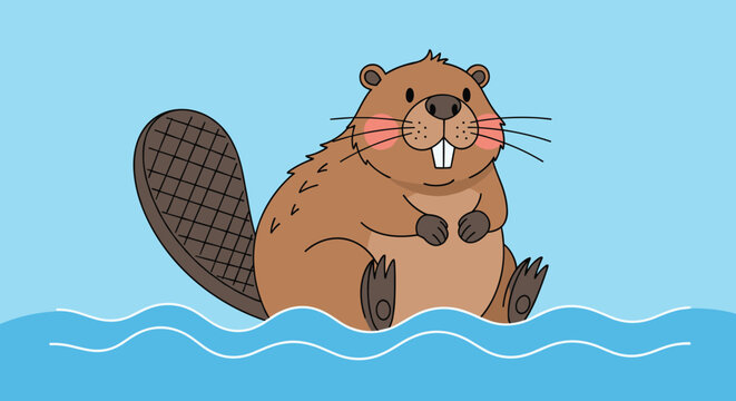 Friendly cartoon beaver with large front teeth sitting in blue water with small waves against a clear summer sky in the outdoors.