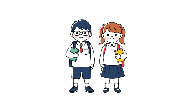 Cute illustration of a young school boy and girl in uniforms holding books and ready for their first day at an elementary school.